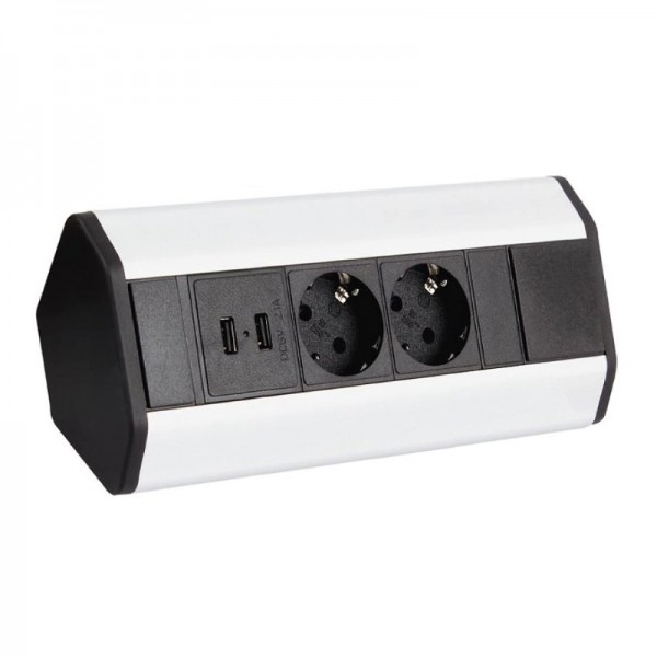 Pohištvena kotna vtičnica CORNER BOX 2xšuko + 2xUSB s kablom 1,8m alu