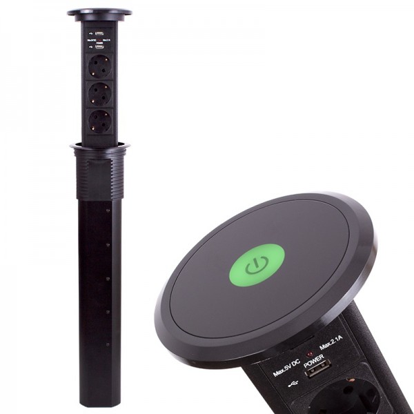 Pohištvena izvlečna vtičnica LIFTBOX AVTOMATIK 3xšuko + 2USB s kablom 1,5m črna