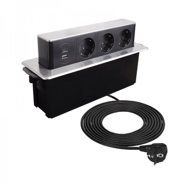 Pohištvena potopna vtičnica HOPBOX 3xšuko + 1xUSB A + 1xUSB C s kablom alu