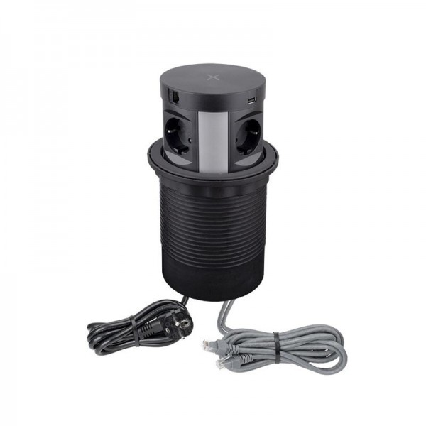 Pohištvena izvlečna vtičnica MULTI BOX 4xšuko + USBA+C + indukcija + 2xRJ45 s kablon 1,7m črna