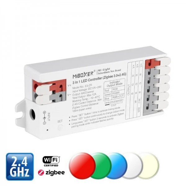 LED krmilnik 3v1 12-24V 12A RGB/RGBW/RGB+CCT E3-ZR RF 2,4GHz + ZigBee 3.0 + WiFi univerzalni Q konekt