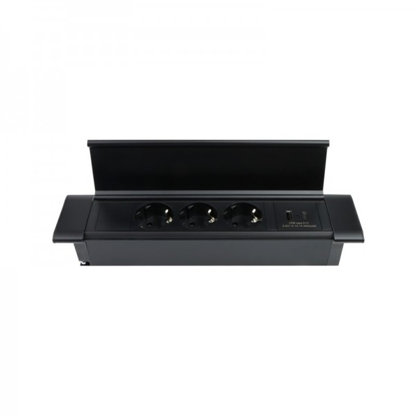 Pohištvena potopna vtičnica FLATBOX črna 3xšuko + USB(A+C) kabel 1,8