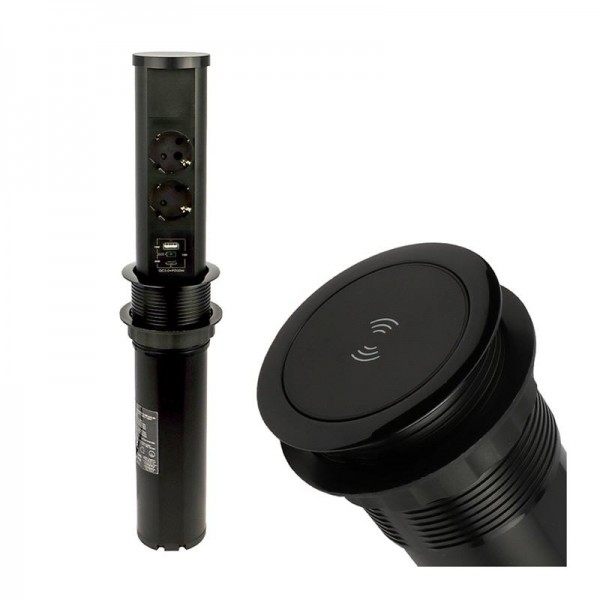 Pohištvena potopna vtičnica TOWERBOX 2xšuko USB AC brezžično polnjenje QC3.0 PD črna
