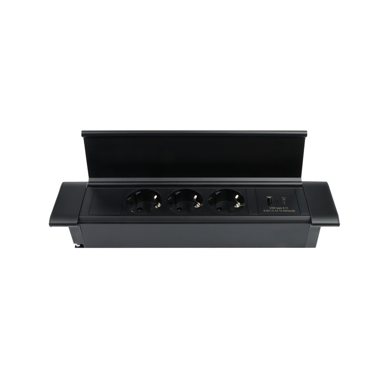 Pohištvena potopna vtičnica FLATBOX črna 3xšuko + USB(A+C) kabel 1,8